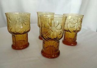 Set Of 4 Vintage Libbey Amber Country Garden Daisy Flower Juice Drinking Glasses