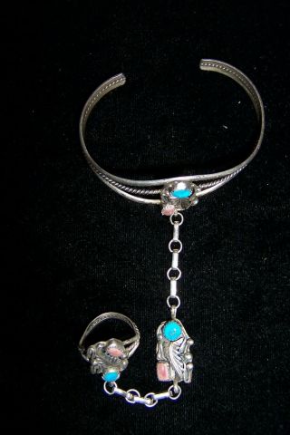 Vintage Sterling Silver & Turquoise Slave Bracelet Ring Size 6 Signed C.  T.  E. 2