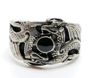 Vintage Silver Tone Black Onyx Inlay Dueling Dragons Yin & Yang Size 12 Ring