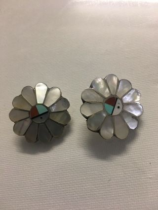Vintage 1” Wide Large Sterling Silver Zuni Sun Face Earrings Inlay Mop Turquoise