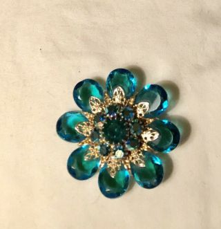 Vintage Brooch Pin Blue/green Crystal Rhinestone Flower 2” Gold Tone