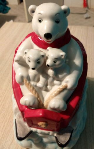 Vintage Coca Cola Polar Bear & 2 Babies Sledding Cookie Jar By Gibson