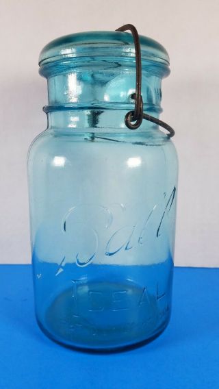 Vintage Ball Ideal Blue Glass Canning Jar Glass Lid Wire Bail
