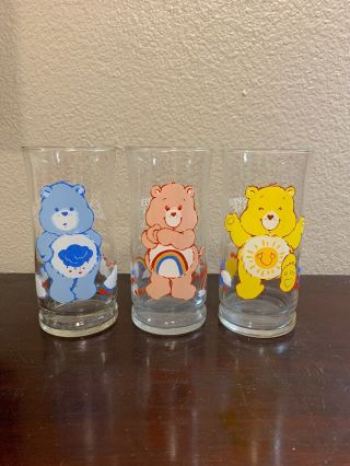 Set Of 3 Vintage Care Bear Drinking Glasses 1983 Pizza Hut Series