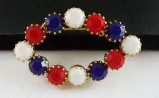 Lovely Vintage Red White & Blue Rhinestone Pin Brooch W/prong Set Stones