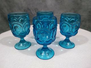 Vintage Blue L.  E.  Smith Glass Moon & Star Set Of 4 Goblets Glasses