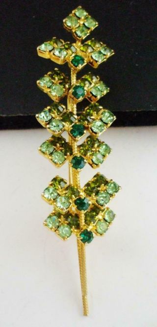Pretty Vintage Tall Green Rhinestone Flower Design Pin Brooch