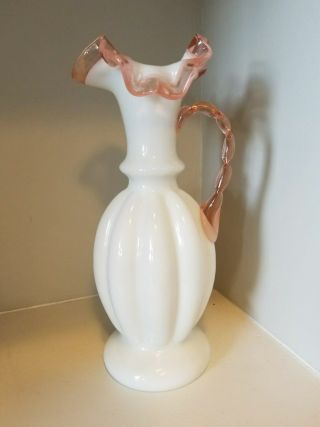 Vintage Fenton? Glass Pink White Carafe Pitcher Vase W/ Ruffled Top Edge 9 1/2 "