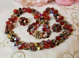 Vintage Red Gold Foil Copper Fluss Art Glass Crystals 2 Strand Necklace Earrings