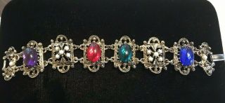 Vintage Victorian Revival Glass Rhinestone Bracelet Oval Glass Cabochon Bracelet