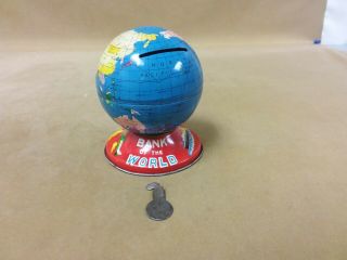 Vintage Bank Of The World Tin Globe Metal Bank Made In Japan With Key Rare
