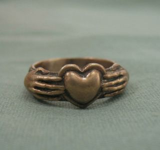Vintage Artisan - Made Bronze Heart - In - Hands Ring Signed Pl Size 7.  75