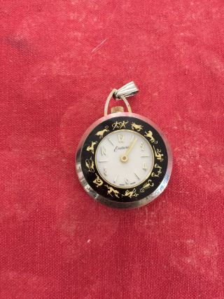 Vintage Ladies Endura Swiss Pendant Watch Necklace Zodiac Motiv Running