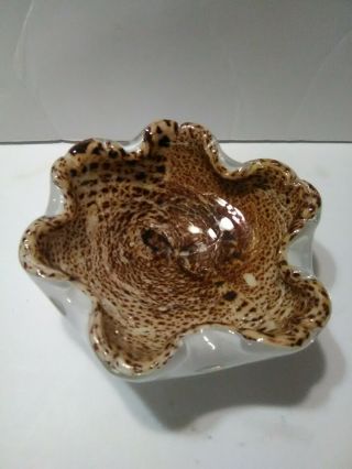 Vintage Unique Art Glass Ashtray / Bowl White & Brown W/ Gold - Murano Style