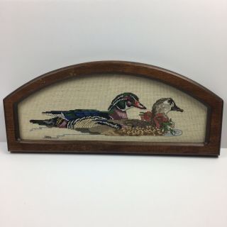 Vintage Swimming Ducks Cross Stitch Framed Picture Hand Made Needlepoint Wood