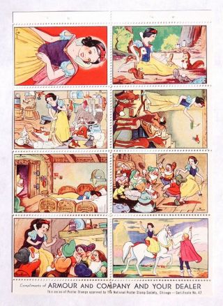 P098.  Vintage: Disney Snow White Premium Poster Stamps Full Sheet Armour