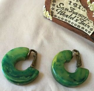 Vintage Marbled Green Chunky Celluloid Early Plastic Bakelite Clip On Earrings