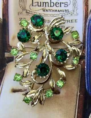 Vintage Costume Jewellery 1950’s Green Crystal Gold Berry Leafwork Brooch Jewel