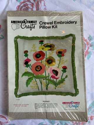 Vintage American Craft Crewel Embroidery Pillow Kit Poppies