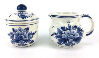 Vintage Dutch Delft Sugar Bowl With Lid And Creamer