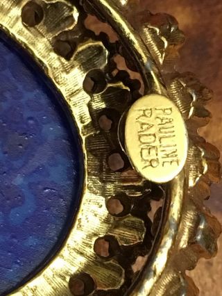 Vintage PAULINE RADER Gold Plated Blue Oval Pin Brooch 4