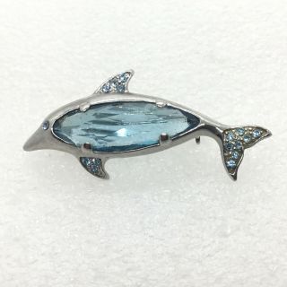 Vintage Dolphin Brooch Pin Blue Open Back Rhinestone Belly Sea Mammal Jewelry