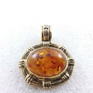 Signed Ls Vintage Oval Baltic Amber Cabochon Pendant Gold Tone Jewelry