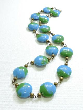 Vintage Blue And Green Swirl Lampwork Art Glass Bead Necklace Jl19185