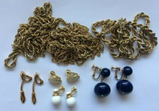 Vintage Monet Gold Tone Rope Chain Necklace Multi Long,  Clip Earrings