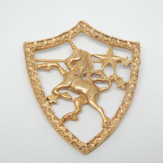 Retro Coat Of Arms Unicorn Stars Shield Crest Matte Gold Plated Vtg Pin Brooch