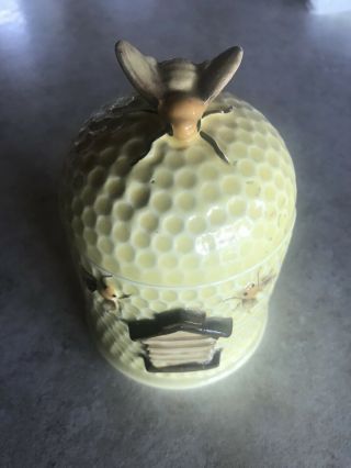 Vintage Adorable Ceramic Bee Hive Honey Pot Jar With Bees