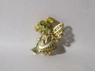 Vintage Signed Beatrix Gold - Tone Enamel Rhinestone Christmas Angel Pin Brooch