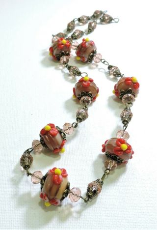 Vintage Peach With Red & Yellow Flowers Lampwork Art Glass Bead Necklace Jl19258