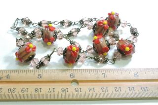 Vintage Peach with Red & Yellow Flowers Lampwork Art Glass Bead Necklace JL19258 2