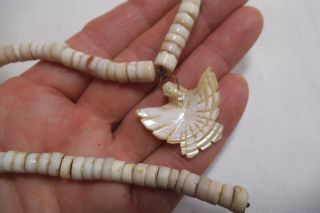 Vintage Heishi Surfer Sea Shell Tribal Necklace 15.  5 " - Carved Mop Bird Pendant