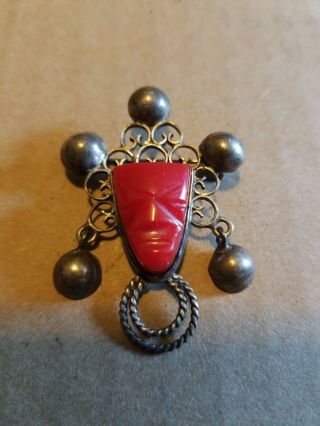 Vintage Mexican Sterling Silver Mayan Aztec Carved Mask Pin Brooch