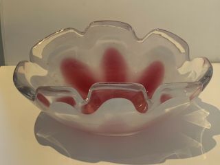 1960’s Vintage Flygsfors Pink White Clear Art Glass Signed Bowl Mid Century