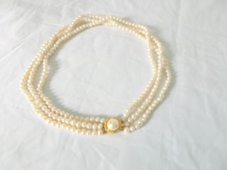 18 " Vintage Silver Brand 3 Strand Pearl Gold Tone Necklace Ornate Safety Clasp