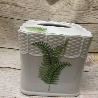 Vintage Tissue Box Cover Holder Square Glazed Ceramic White Green Floral Decor