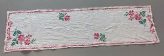 Vintage Table Linen Cloth Runner Hand Embroidered Cross Stitch Red Flower 53 "