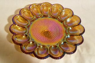 Vintage Hobnail Carnival Glass Deviled Egg Dish Plate Iridescent Amber - Exc