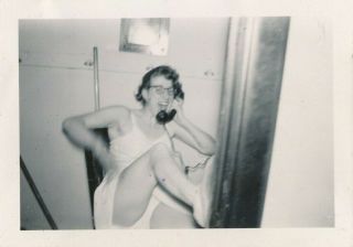 Ju23 Vintage B&w 2.  5x3.  5 Woman In Nightgown Laughing Wildly On Telephone