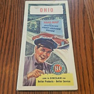 Vintage Sinclair Ohio Road Map And Pictorial Sight - Seeing Guide,  1940s