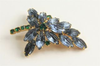 Estate Vintage Jewelry Molded Carved Blue Glass Rhinestone Leaf Brooch