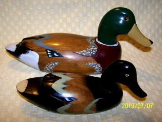 Old Large Hand Carved & Painted Wooden Mallard Duck Decoy W/glass Eyes 6 " X 14 "
