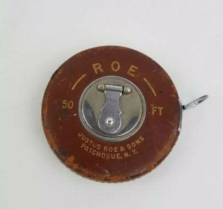 Vintage Justus Roe & Sons 50 Ft Tape Measure Brown Leather Black Tape
