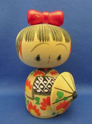 Vintage Hand Crafted Wood 4 In.  Kokeshi Doll With Parasol - Japan