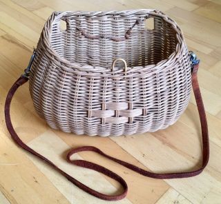 Vintage Fly Fishing Creel Wicker Basket W Leather Straps 12” X 7” X 7.  5” No Lid