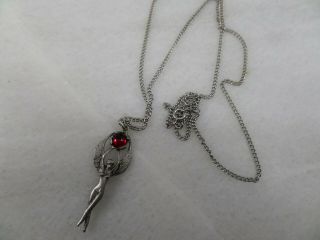 Vintage Silver - tone Art Deco Style Lady Pendant w/Ruby Red Glass Cabochon 4267 4