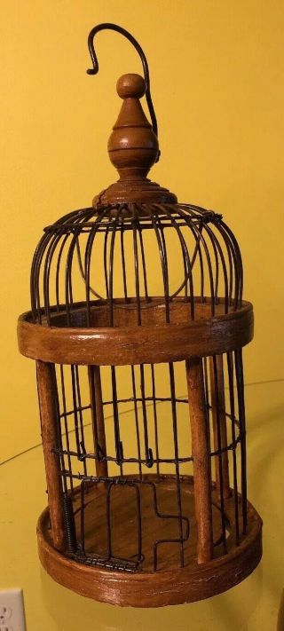 Vintage Asian Bamboo Carved Wood Dome Bird Cage Metal Wire Hang Or Sit 13”x6.  25”